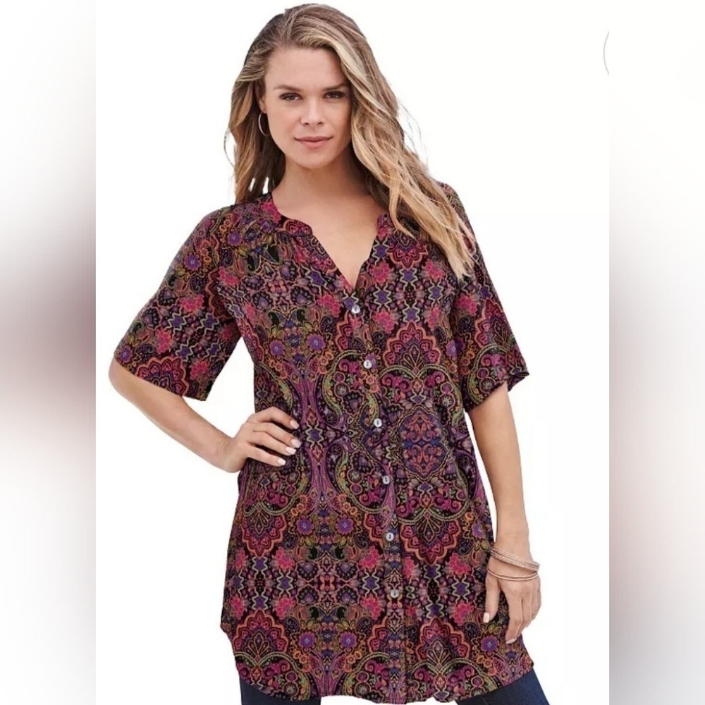 Roaman's Plus Size Tunic Blouse Flowy Fit, Sz 18W